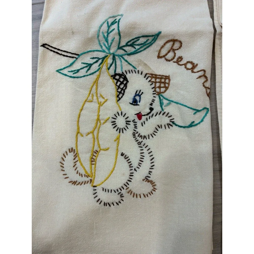 Lot of 3 Vintage Linen Kitchen Hand Towels HAND EMBROIDERED Dogs Vegetables